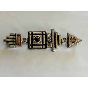 Vintage Signed Patricia Locke Pewter Modernist Brooch‎ With Rhinestones